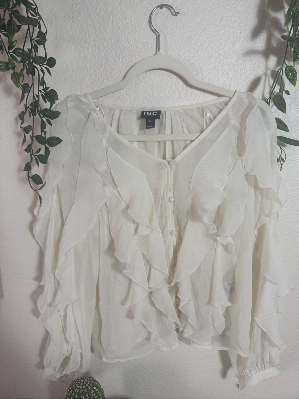 INC International Concepts Ivory Ruffle Button-Front Blouse